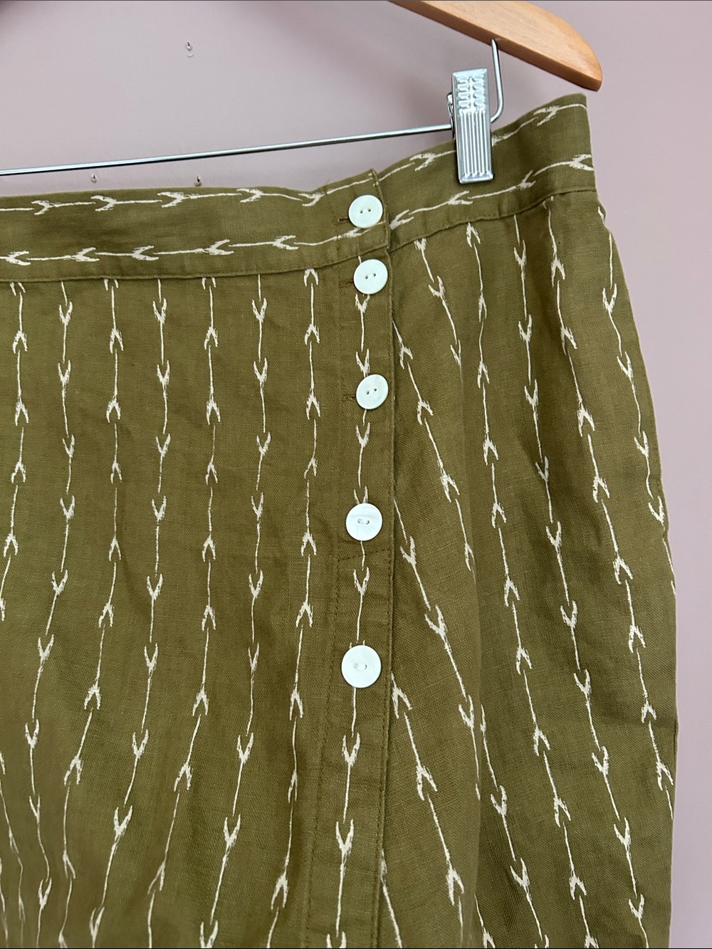 Garnet Hill Kona Linen Skirt Olive Green Geometric Midi Front Split Size L - Picture 8 of 13